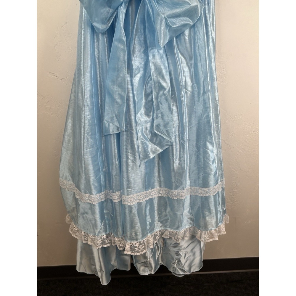 Vintage 70s Formal Blue Satin Gown Lace Trim Bows Princess Theatrical Costume - Picture 12 of 14